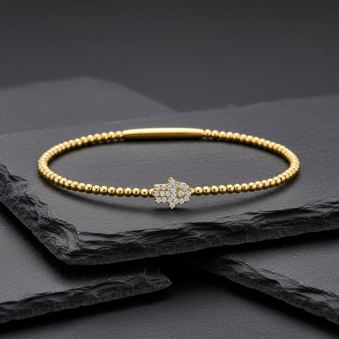 Diamond Hamsa Charm Beaded Bracelet in 14K Gold