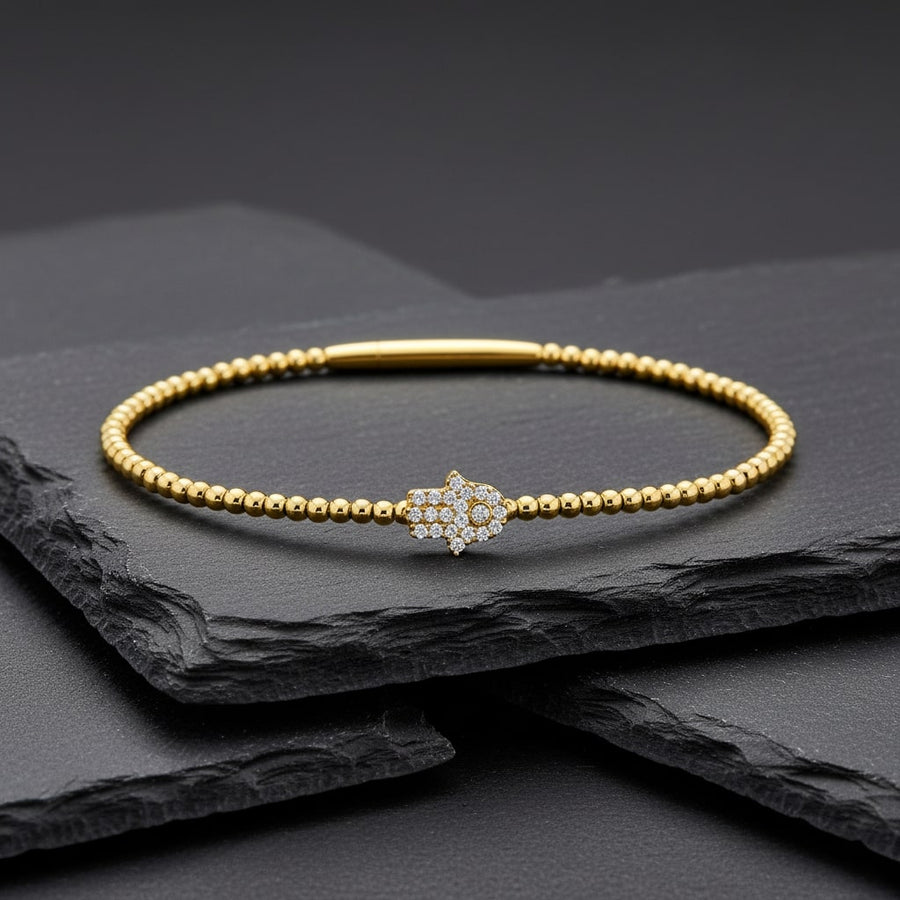 Diamond Hamsa Charm Beaded Bracelet in 14K Gold