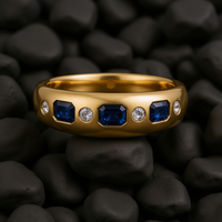 Emerald-Cut Blue Sapphire Diamond Band Ring in 14K Yellow Gold