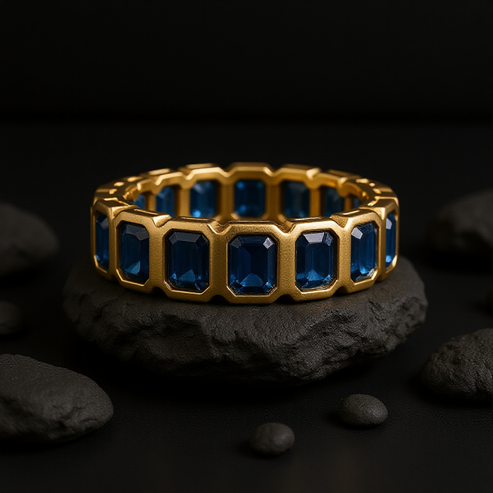 Royal Blue Emerald-Cut Sapphire Eternity Band Ring in 14K Yellow Gold