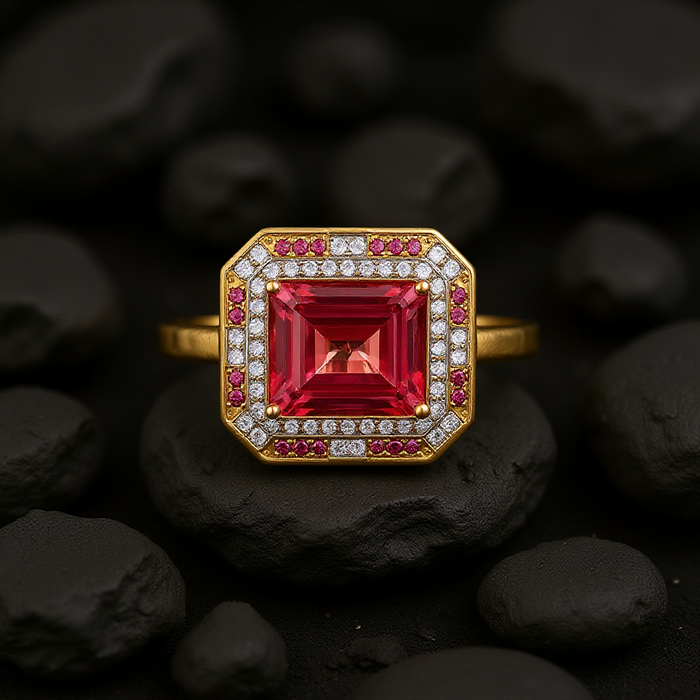 Pink Sapphire Tourmaline Diamond Halo Ring in 14K Yellow Gold