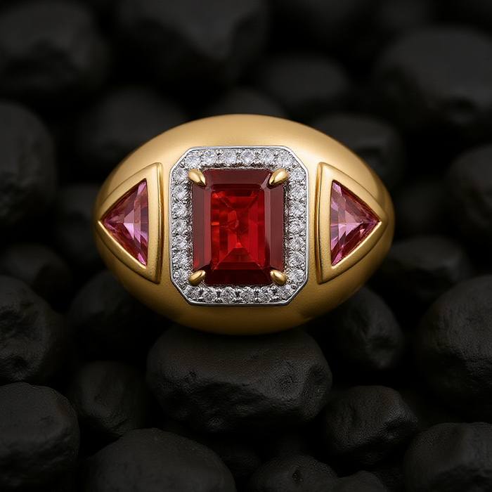 Emerald-Cut Ruby Pink Sapphire Statement Ring in 14K Yellow Gold