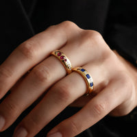 Emerald-Cut Blue Sapphire Diamond Band Ring in 14K Yellow Gold