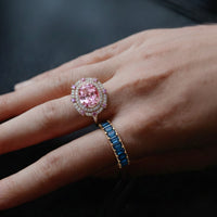 Oval Pink Sapphire Diamond Double Halo Cocktail Ring in 14K Yellow Gold