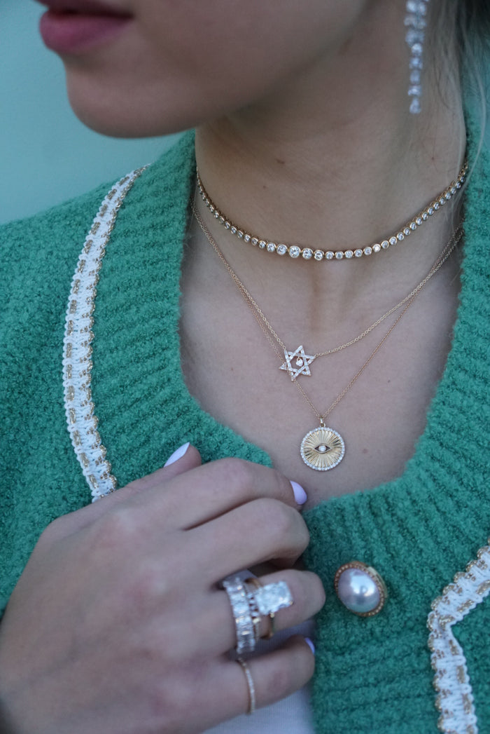 Lucky Eye Star Burst Diamond Necklace in 14K Yellow Gold