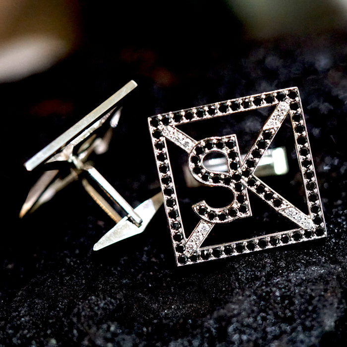 Alphabet Black Diamond White Gold Square Cufflinks