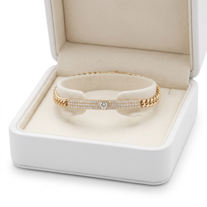 Diamond Heart Bar Curb Chain Bracelet in 14K Gold