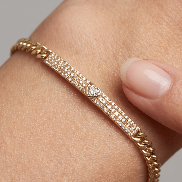 Diamond Heart Bar Curb Chain Bracelet in 14K Gold