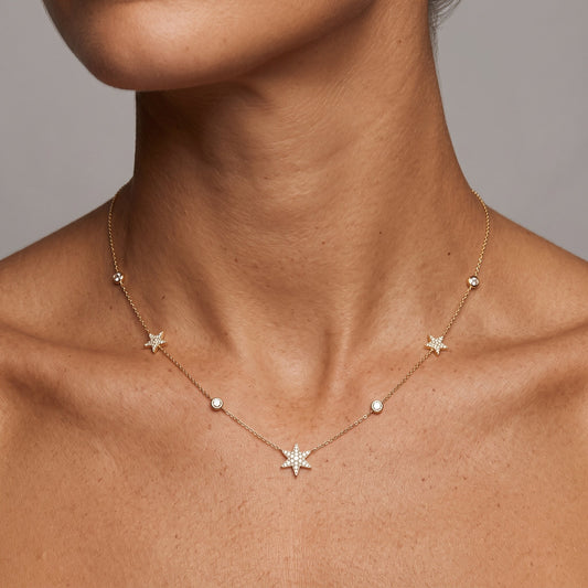 Diamond Star Station Necklace in 14K Yellow Gold