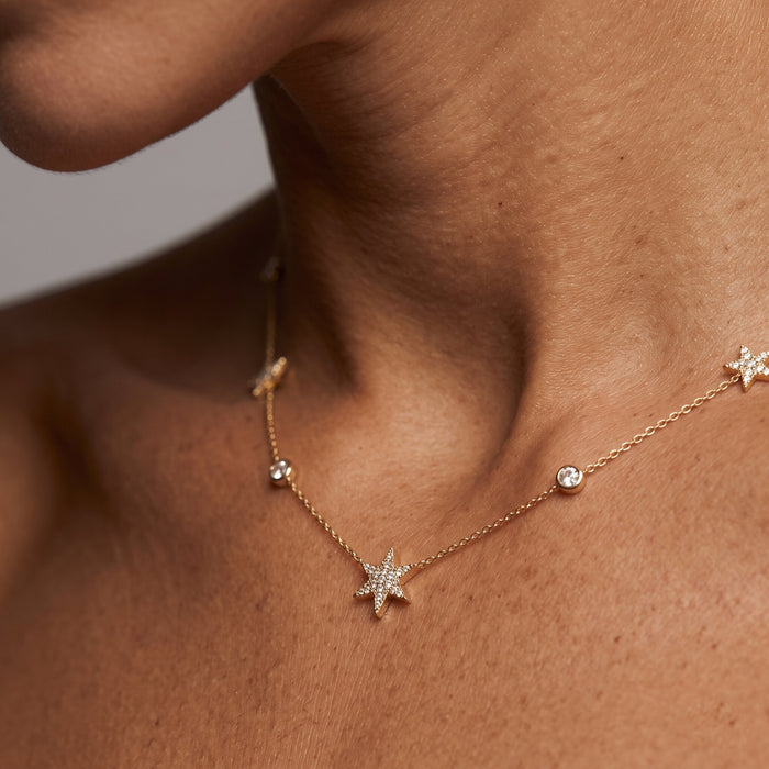 Diamond Star Station Necklace in 14K Yellow Gold