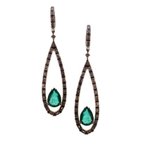 Green Emerald Drop Black Finish Earrings in 18K Yellow Gold