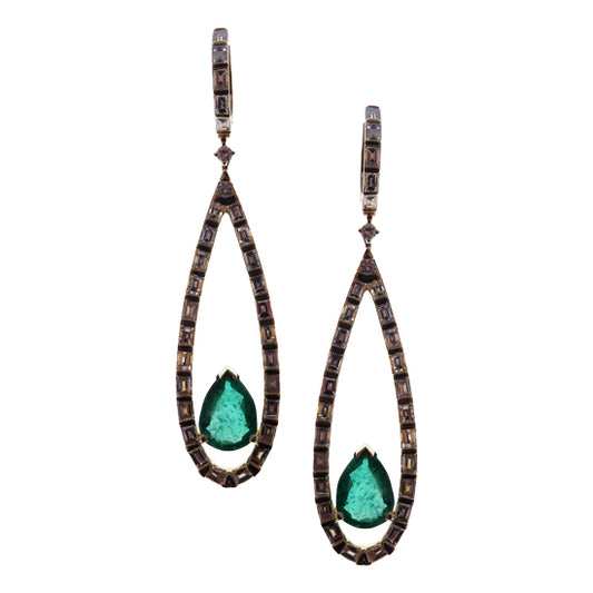 Green Emerald Drop Black Finish Earrings in 18K Yellow Gold