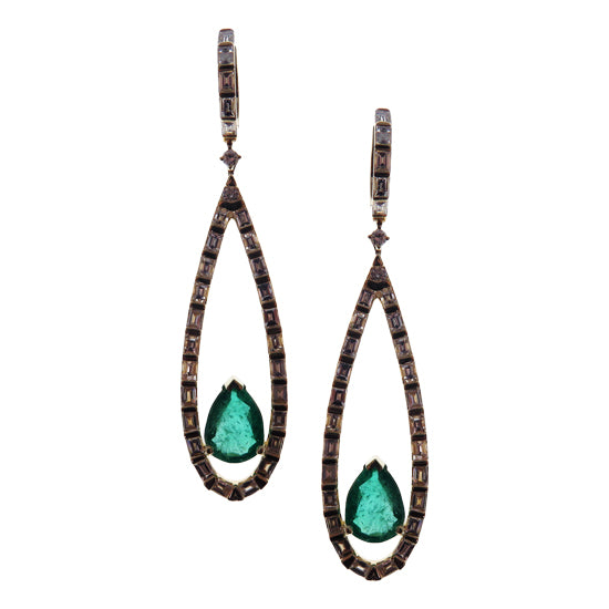 Green Emerald Drop Black Finish Earrings in 18K Yellow Gold