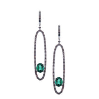 Blackened Oval Drop Green Emerald Earrings in 18K White Gold