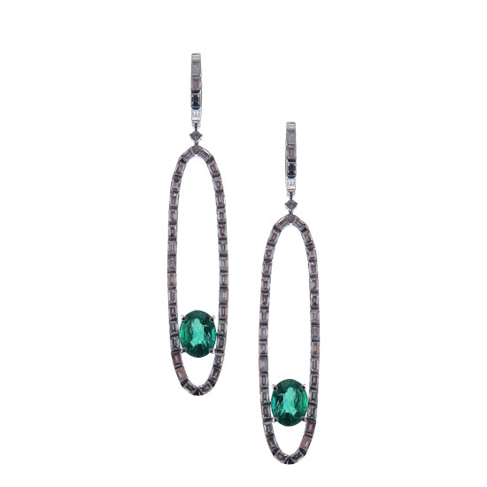 Blackened Oval Drop Green Emerald Earrings in 18K White Gold