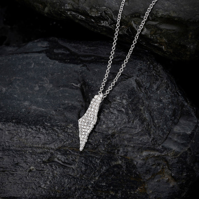 Diamond Israel Map Style Necklace in 14K White Gold