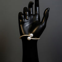 Double Pearl Diamond Open Bangle Bracelet in 14K Yellow Gold