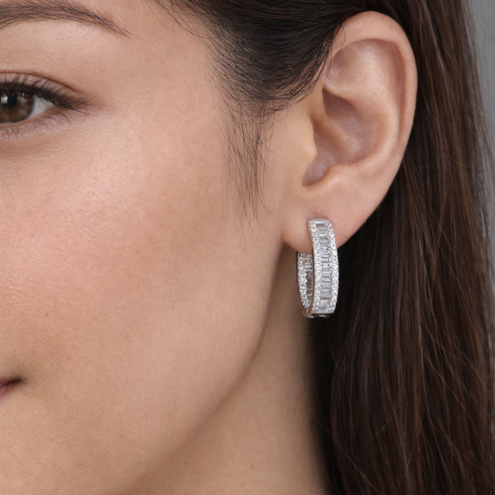 Pave Baguette Diamond Huggie Hoop Earrings in 14K White Gold