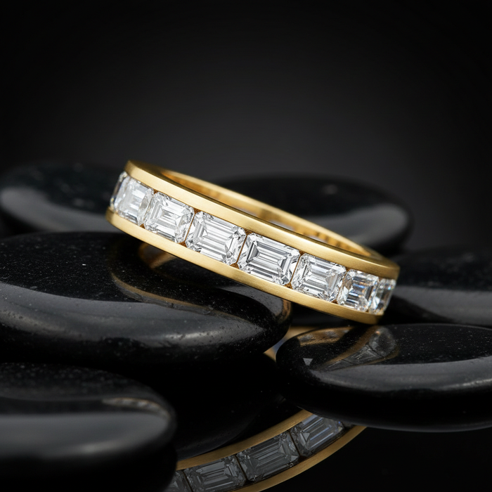 Channel Set Emerald Cut Diamond Band Ring in 14K Yellow Gold