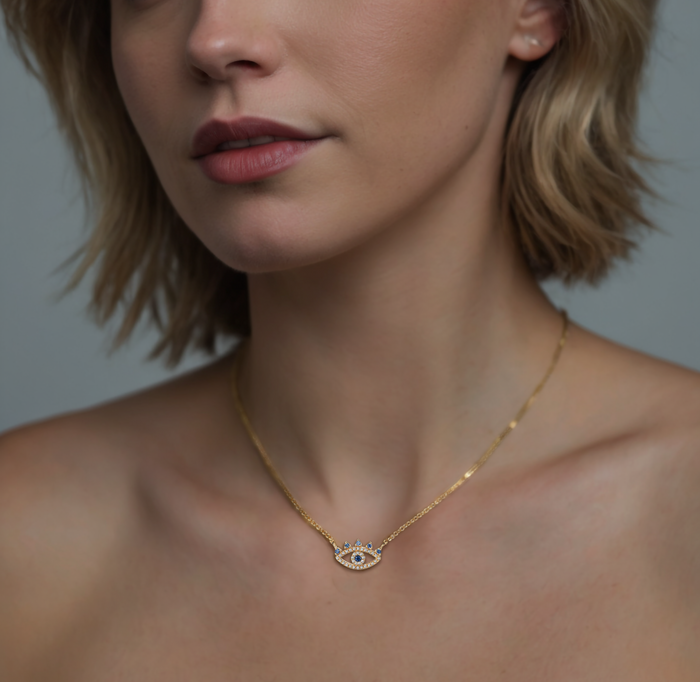 Evil Eye Pave Blue Sapphire Necklace in 14K Yellow Gold