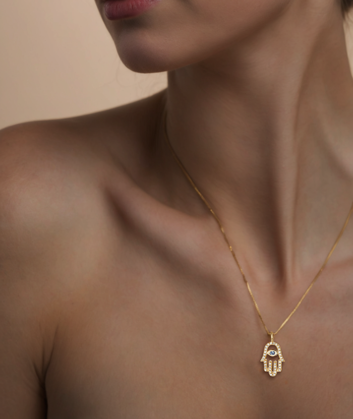 Hamsa Hand Pave Diamond Blue Sapphire Necklace in 14K Gold