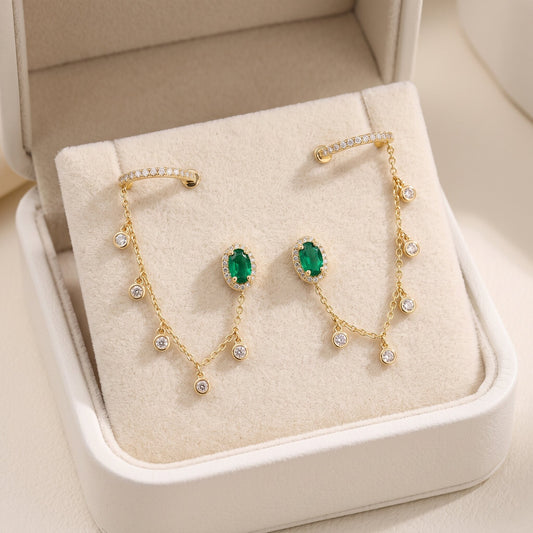 Emerald Chain Cuff Diamond Earrings in 14K Yellow Gold