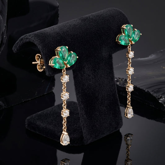 Emerald Diamond Jewel Cluster Drop Earrings in 14K Yellow Gold
