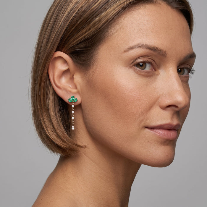 Emerald Diamond Jewel Cluster Drop Earrings in 14K Yellow Gold