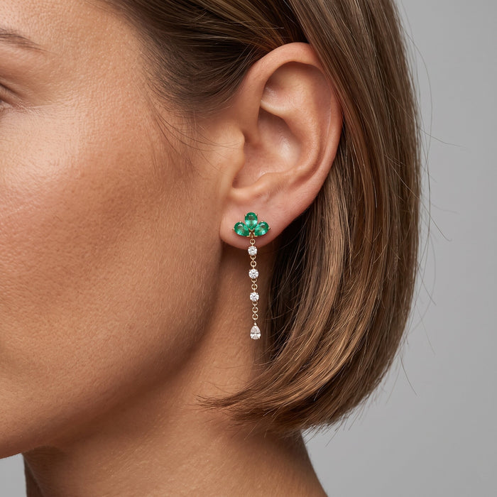 Emerald Diamond Jewel Cluster Drop Earrings in 14K Yellow Gold