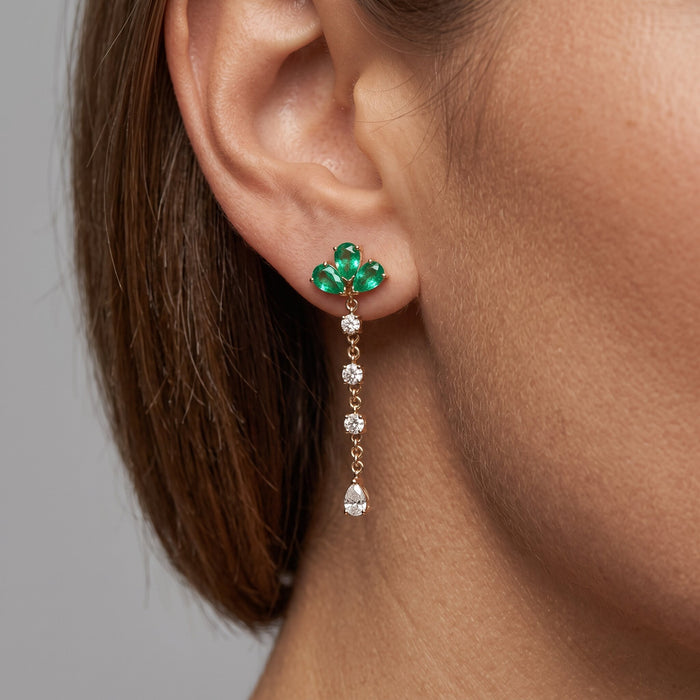 Emerald Diamond Jewel Cluster Drop Earrings in 14K Yellow Gold