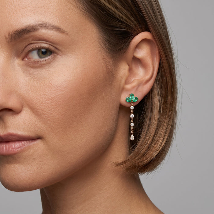 Emerald Diamond Jewel Cluster Drop Earrings in 14K Yellow Gold