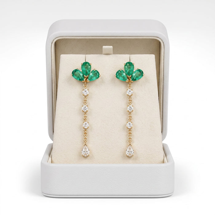 Emerald Diamond Jewel Cluster Drop Earrings in 14K Yellow Gold