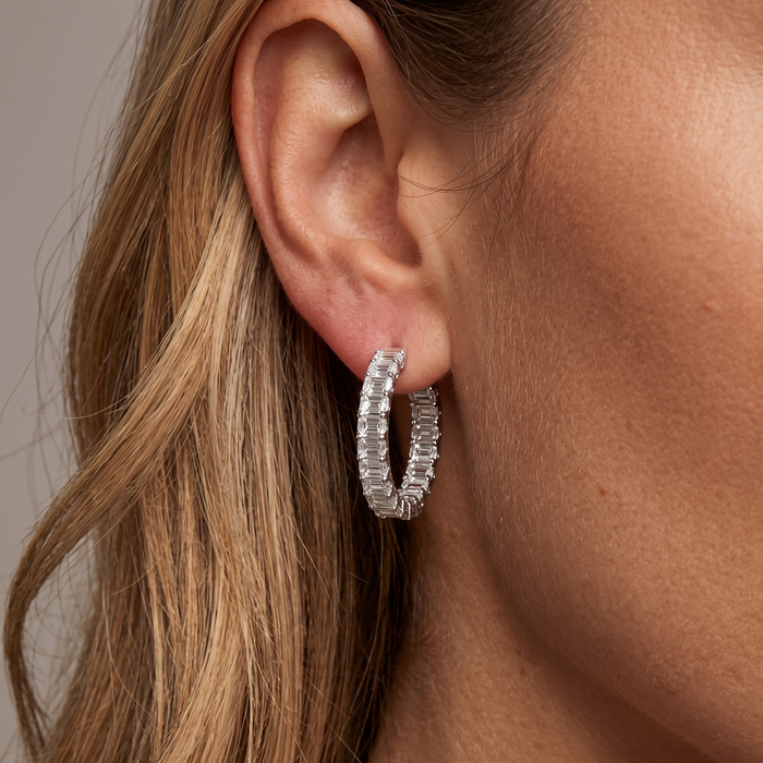 Eternity Style Emerald Cut Diamond Hoop Earrings in 18K White Gold
