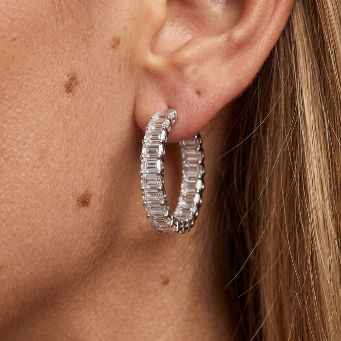 Eternity Style Emerald Cut Diamond Hoop Earrings in 18K White Gold