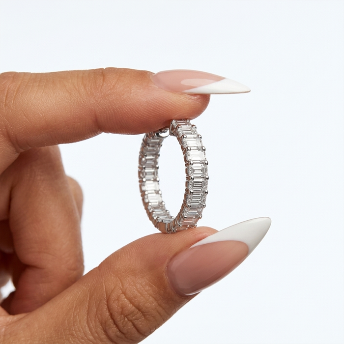 Eternity Style Emerald Cut Diamond Hoop Earrings in 18K White Gold
