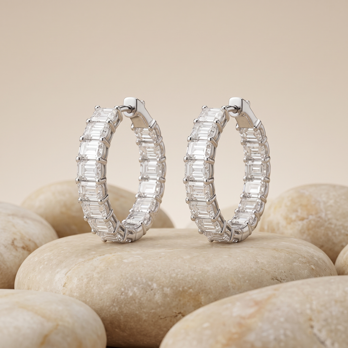 Eternity Style Emerald Cut Diamond Hoop Earrings in 18K White Gold
