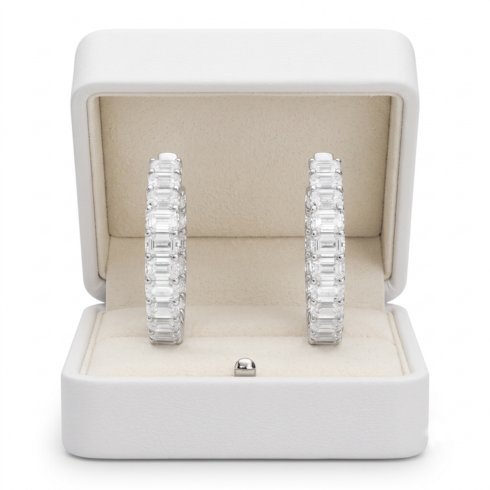 Eternity Style Emerald Cut Diamond Hoop Earrings in 18K White Gold