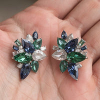 Multicolor Sapphire & Diamond 14K White Gold Floral Stud Earrings