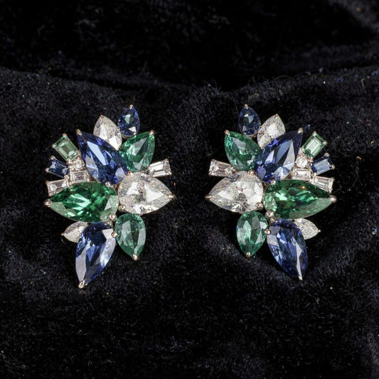 Multicolor Sapphire & Diamond 14K White Gold Floral Stud Earrings