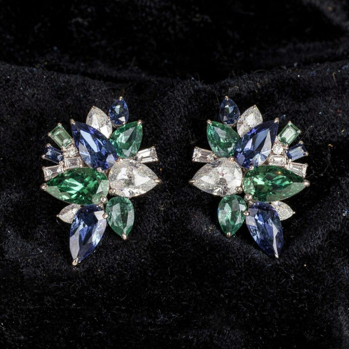 Multicolor Sapphire & Diamond 14K White Gold Floral Stud Earrings