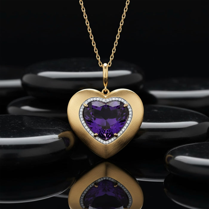 Amethyst Heart 14K (or 18k upon request) Yellow Gold Cabochon Pendant Necklace