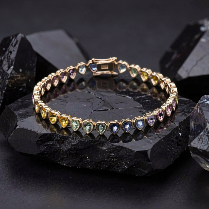 Heart-Shaped Rainbow Gemstone 14K Yellow Gold Bracelet