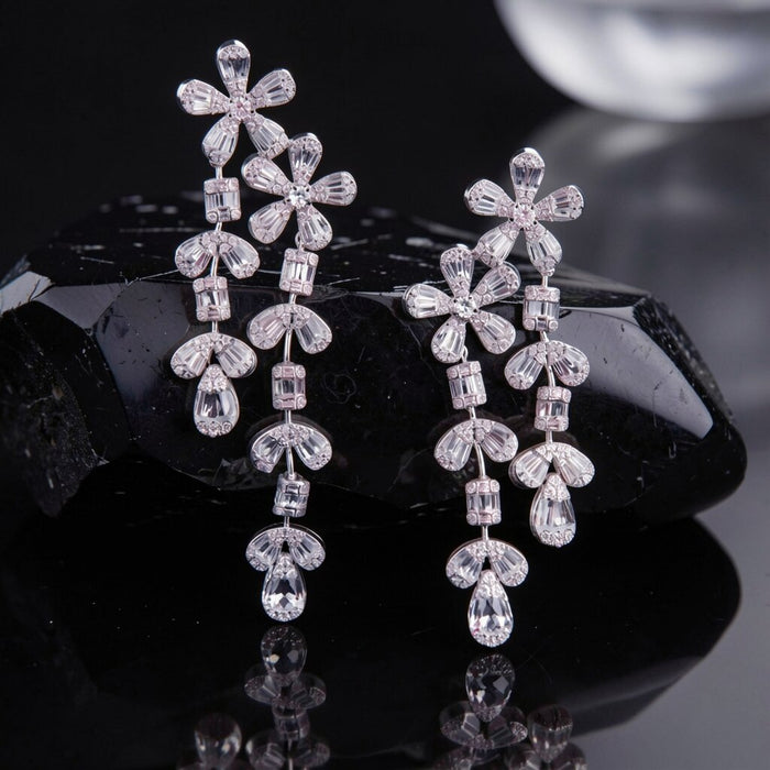 Round Baguette Round Diamond Earrings in 18K White Gold