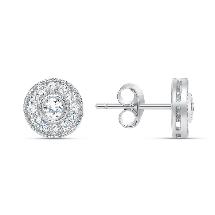 Round Diamonds Push Back Halo Stud Earrings in 14K Gold