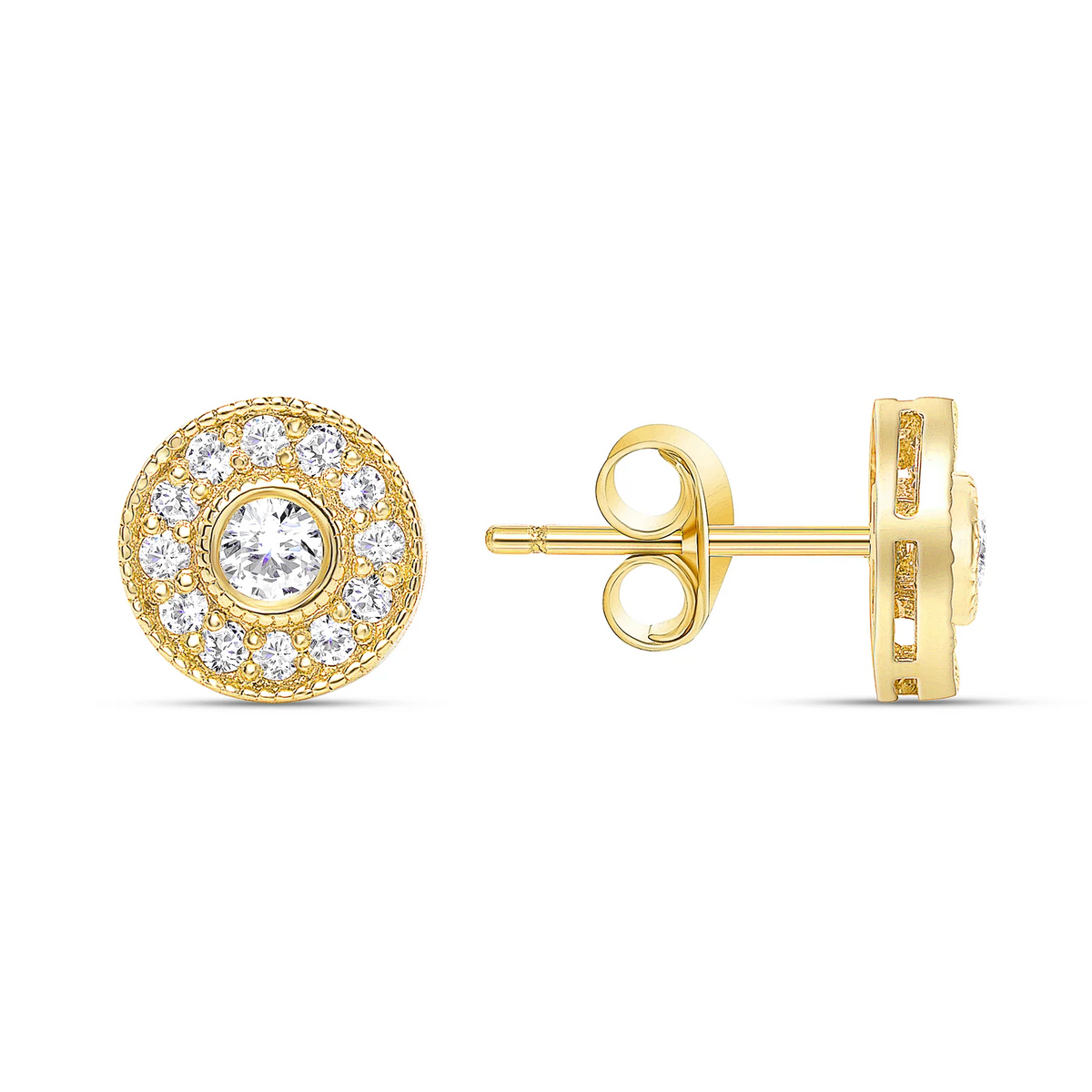 Round Diamonds Push Back Halo Stud Earrings in 14K Gold