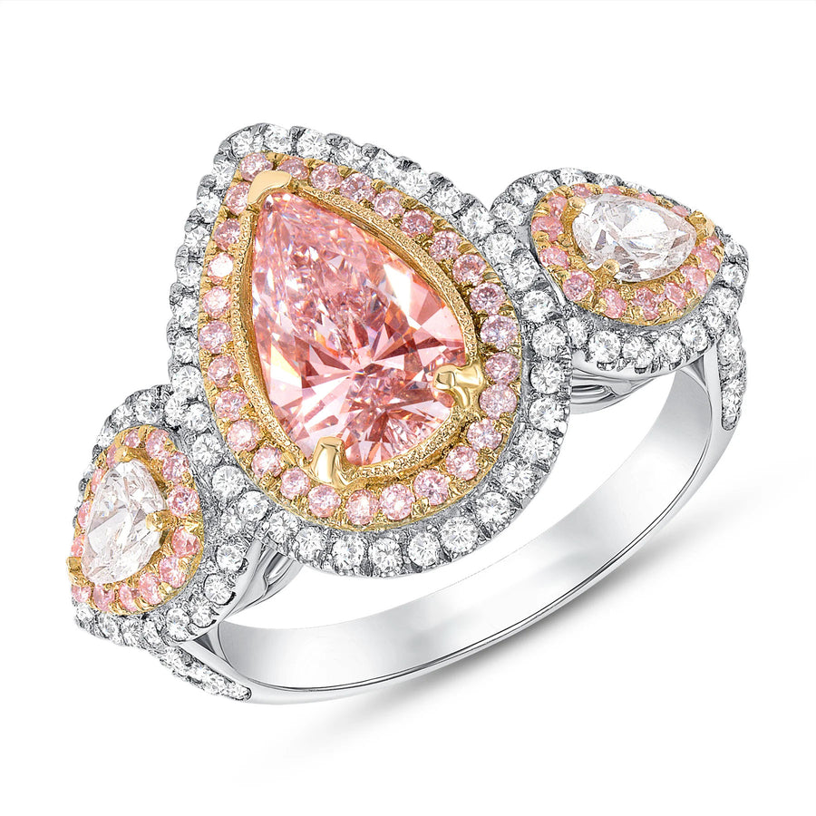 Pink Pear Shaped Halo Diamond Engagement Ring in 18K Gold