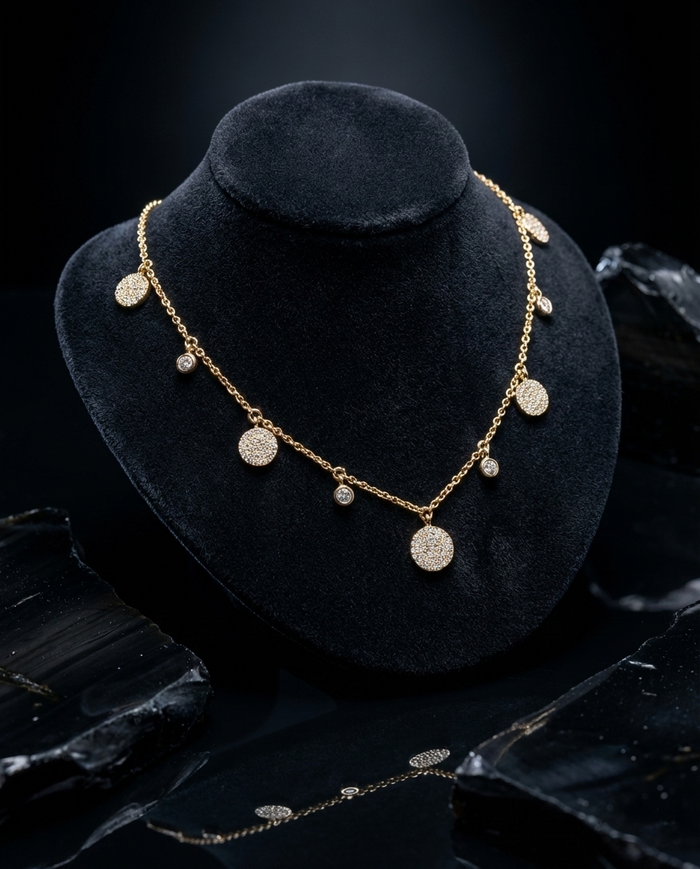 Pave Diamond Disc Drop Necklace in 14K Yellow Gold