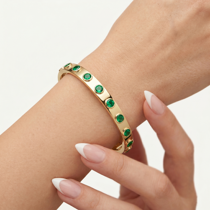 Emerald Bezel-Set 14K Yellow Gold Bangle Bracelet
