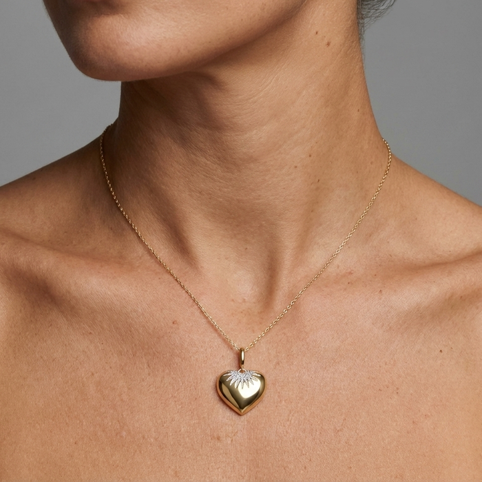 Diamond Fluted Heart Pendant Necklace in 14K Yellow Gold
