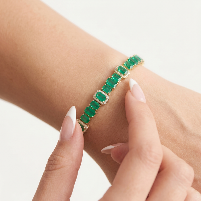 Emerald Diamond Pink Sapphire Tennis Bracelet in 14K Yellow Gold